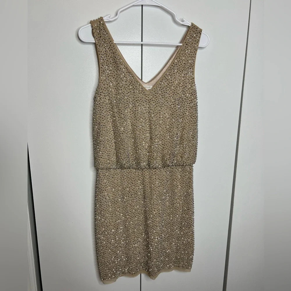 Cache - Silver beaded tan mini dress, sparkly - size 2